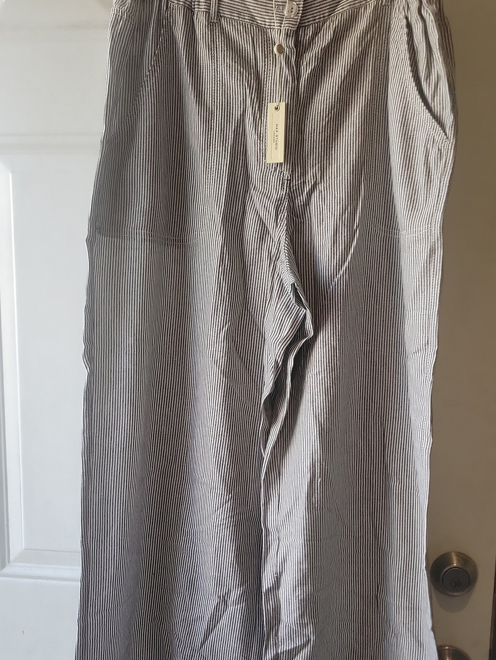 Max Studio Womens Narrow Pinstripe Chinos - Blue & White Wide Leg XL Linen Mix